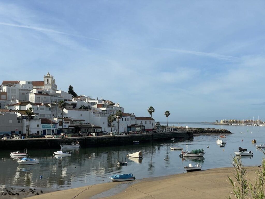 The tiny fishing village of Ferragudo on the Algarve coast.