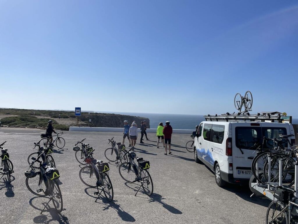 Backroads van and bikes parked to begin our ride from the lighthouse point --Farol de Sagres--at the southwest tip of Portugal,  embarkation point for for 15th and 16th century explorers to the New World.